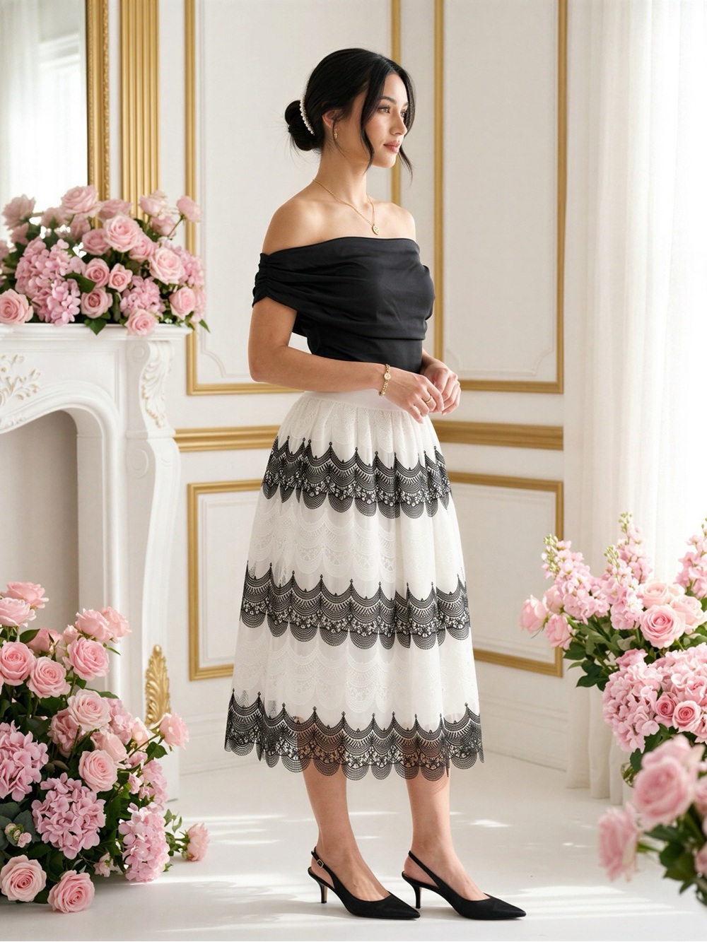 Off-Shoulder Black Top with White and Black Lace Midi Skirt - Picture 6 of 6